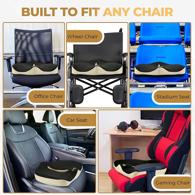 Patented 55D Memory Foam Seat Cushion– Ergonomic Office Chair Cushion for Sciatica Relief, Car Seat Cushion for Long Driving – Coccyx Pillow for Tailbone Pain, Pressure Relief for Hip, All Day Comfort