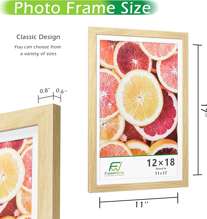 FrameWorks 2-Pack, 12x18 Matted to 11x17 Picture Frame, Natural Oak – Classic Wooden Photo Frame with Tempered Glass, Modern Matte Finish for Prints, Posters, Certificates & Wall Decor – Gallery-Ready