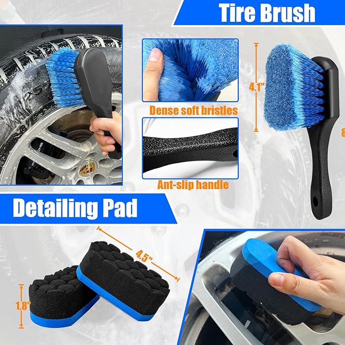 Car Wheel Brush Kit, Soft Drill Wheel Cleaner Brush, Tire Brush, Detailing Brush, and Detailing Pads, No Scratches Car Wheel Cleaning Kit for Wheels, Tires, Rims, Engines, Exhaust(Blue+White, 6 Pack)