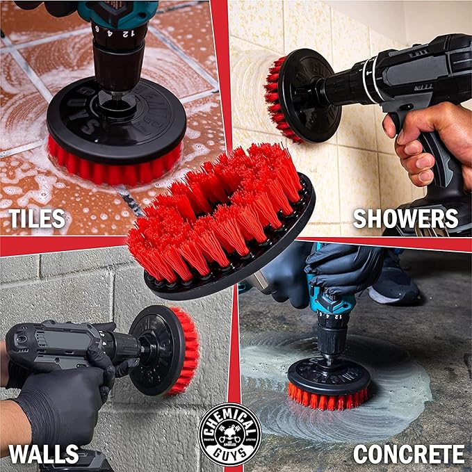 Chemical Guys Acc_201_Brush_HD Heavy Duty Tile, Grout, Stone with Drill Attachment, (Old Version) Red