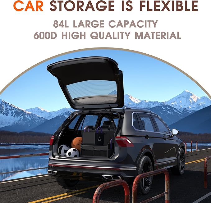 Large Capacity Trunk Organizer for Car & SUV – Waterproof with 8 Mesh Pockets, collapsible & Adjustable compartments, 84L Durable Storage with Non-Slip Base, Black - M313