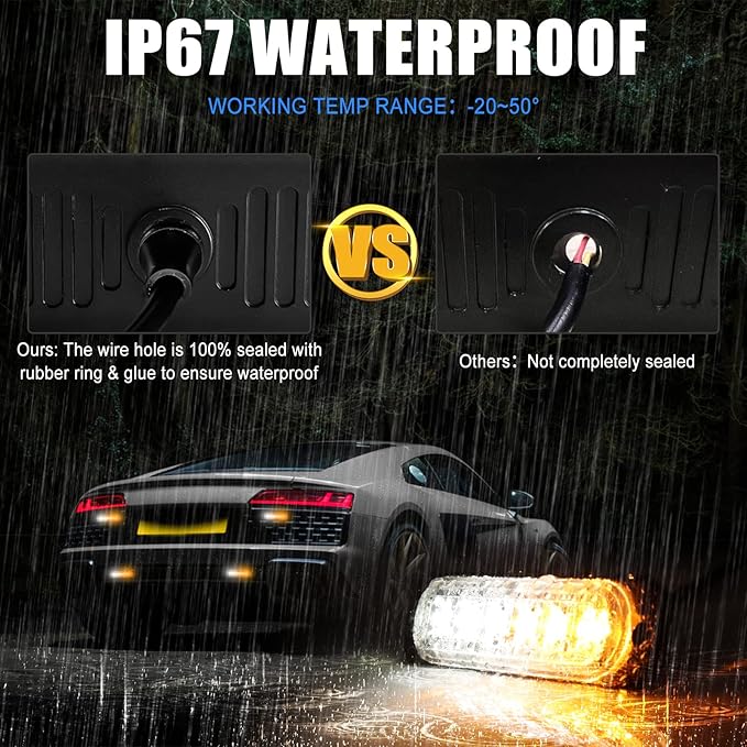 10pcs LED Emergency Strobe Light, Amber White 6-LED Ultra Slim Surface Mount Flashing Warning Hazard Caution Light Bar for Car Truck Off Road Vehicles
