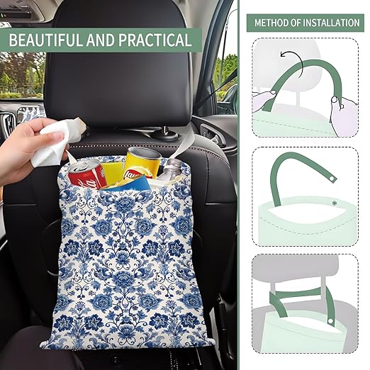 Cute Car Trash Can, Hanging Canvas Car Back Seat Organizer and Storage Bag, Funny Car Trash Bag For Travelling, Outdoor Cute Blue Flower
