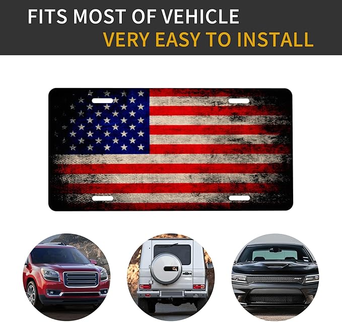 Front License Plate Vintage American Flag Vanity Plates Aluminum Metal Decorative Car Tag Novelty License Plate Cover for Men Women 6 * 12 in (4 Holes)