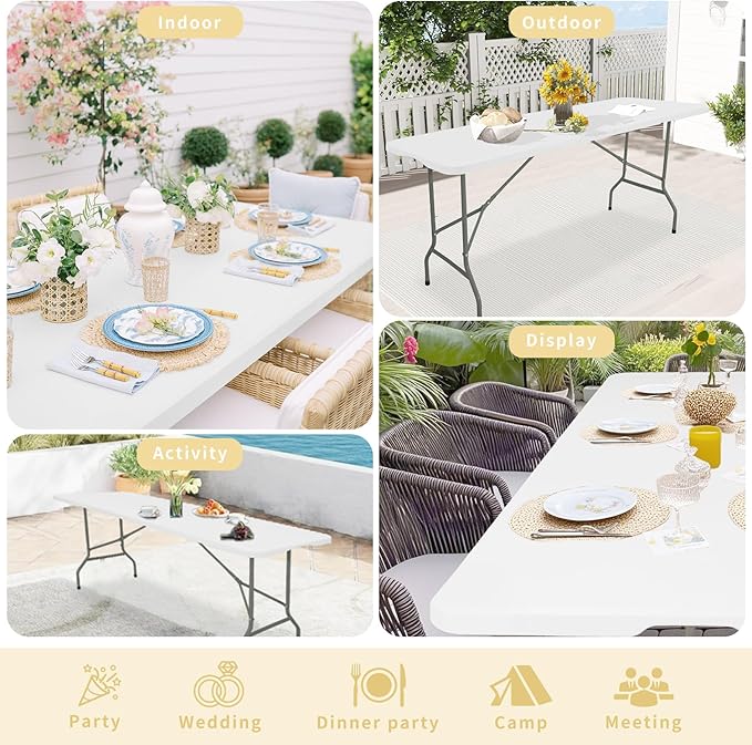 Folding Table 8 FT Camping Table Portable Heavy Duty Plastic Rectangular Outdoor Dining Table Steel Legs Fold-in-Half with Carrying Handle for Indoor,Picnic,Party,Wedding,Events(White)
