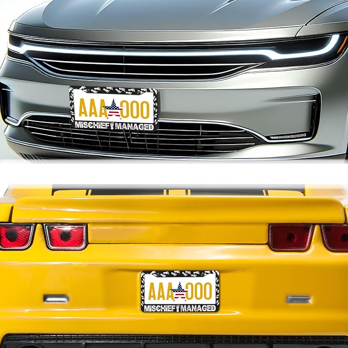 Automotive Exterior Accessories Black and White License Plate Frames Mischief Managed Universal Aluminum Car Accessory 2 Pack with Screw Covers Set