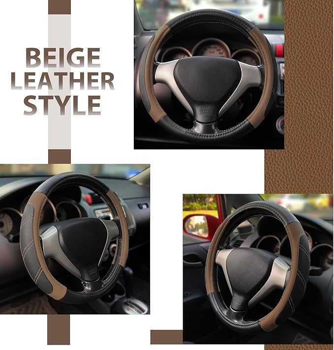 Elantrip Leather Steering Wheel Cover 14 1/2 to 15 inch Universal Padded Soft Grip Breathable for Car Truck SUV Jeep Anti Slip Brown