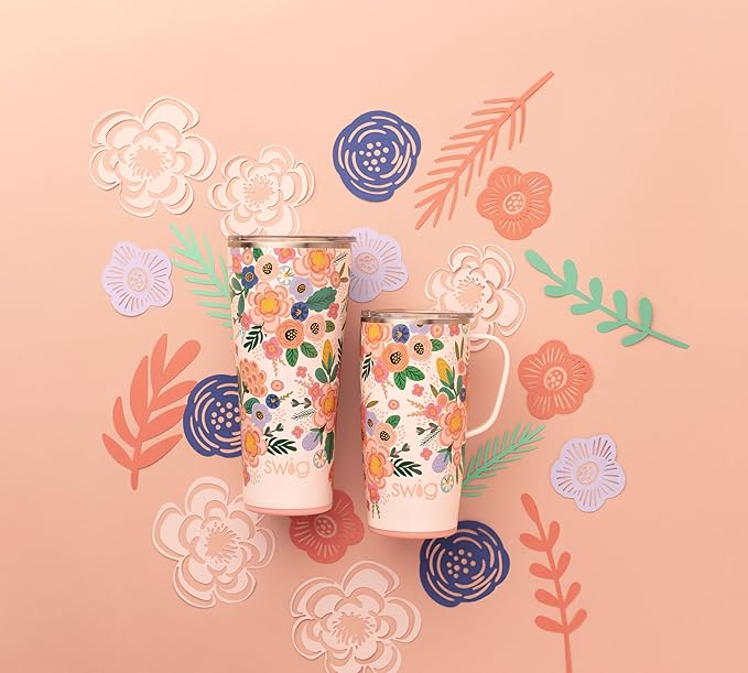 Swig Life 22oz Travel Mug, Insulated Tumbler with Handle and Lid, Cup Holder Friendly, Dishwasher Safe, Lightweight Stainless Steel Floral Mug, Flower Tumbler, Mothers Day Gifts for Mom (Full Bloom)