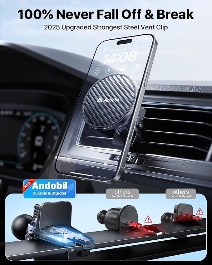 【True Military-Grade】andobil 3 in1 Magnetic Phone Holder for Car Dashboard Windshield Vent 【Upgrade Suction & Strongest Magnet】Retractable for MagSafe Car Mount for iPhone 16 15 14 13 Pro Max Sumsung