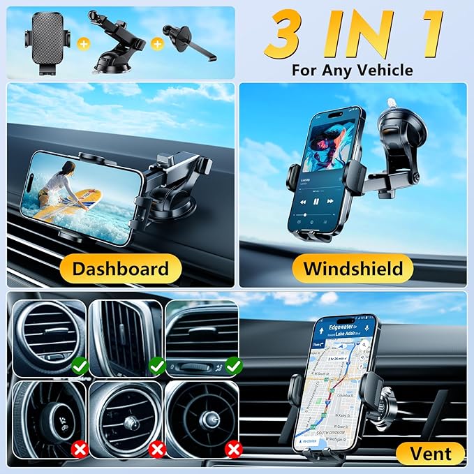 Phone Holders for Your Car 2025 Upgraded Military-Grade Strongest Suction & Stable Clamp Arm Car Phone Holder Mount 360°Adjustable for Dashboard, Windshield, Air Vent for iPhone Samsung, Carbon Fiber