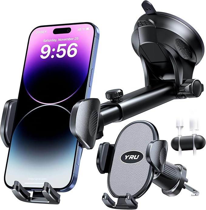 YRU [2025 Upgraded Universal Car Phone Holder Mount【360° Rotatable &Strong Suction】 Cell Phone Holder for Car Dashboard Windshield Phone Holder Dash Stand for iPhone 16 15 13 Samsung Truck, Silver