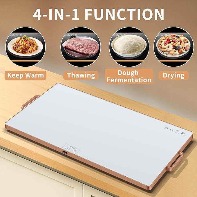 Electric Warming Tray (XXL 32”x18”),Food Warmers for Parties Buffet with Thermostat&Full Surface Heating,Tempered Glass Warming Mat for Food, Temperature Adjustable Gold Handles Food Warming Mat,White
