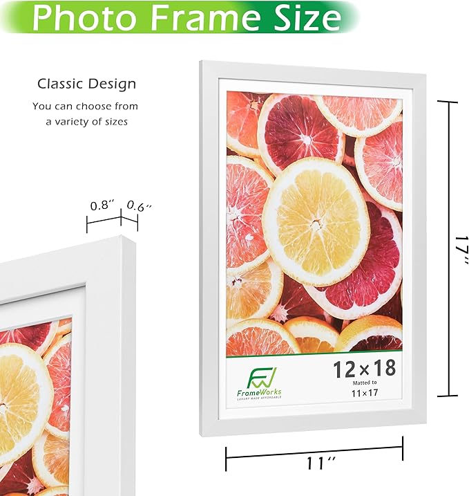 FrameWorks 2-Pack, 12x18 Matted to 11x17 Picture Frame, White – Classic Wooden Photo Frame with Tempered Glass, Modern Matte Finish for Prints, Posters, Certificates & Wall Decor – Gallery-Ready