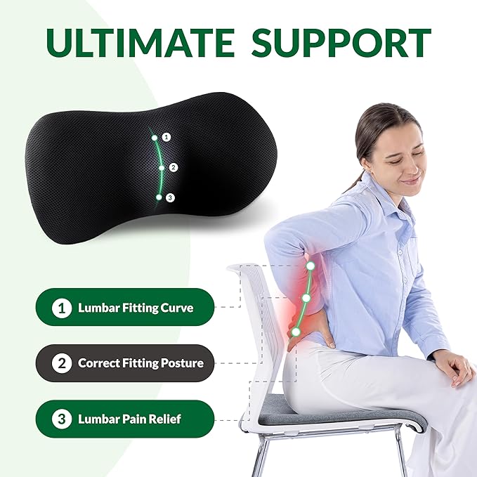 Lumbar Support Pillow for Office Chair, Charcoal Memory Foam Lumbar Pillow for Car Bed Recliner, Lower Back Support Pillow for Pain Relief (Black)