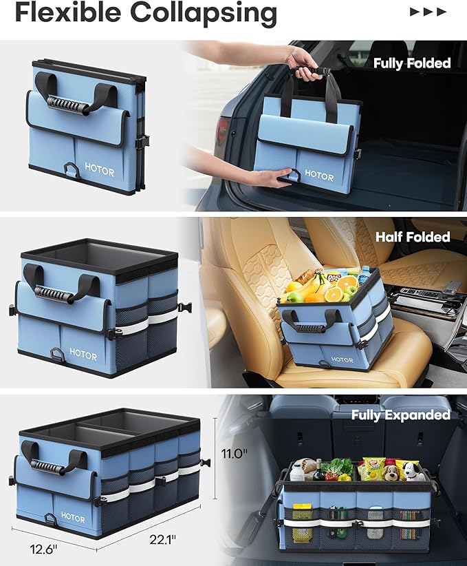 HOTOR Car Trunk Organizer - Foldable Trunk Organizer for SUV, Car Storage with Reflective Strips & Securing Cover, Large Capacity Car Accessories for Truck, Van & Sedan, Blue, 22.1" x 12.6" x 11.0"