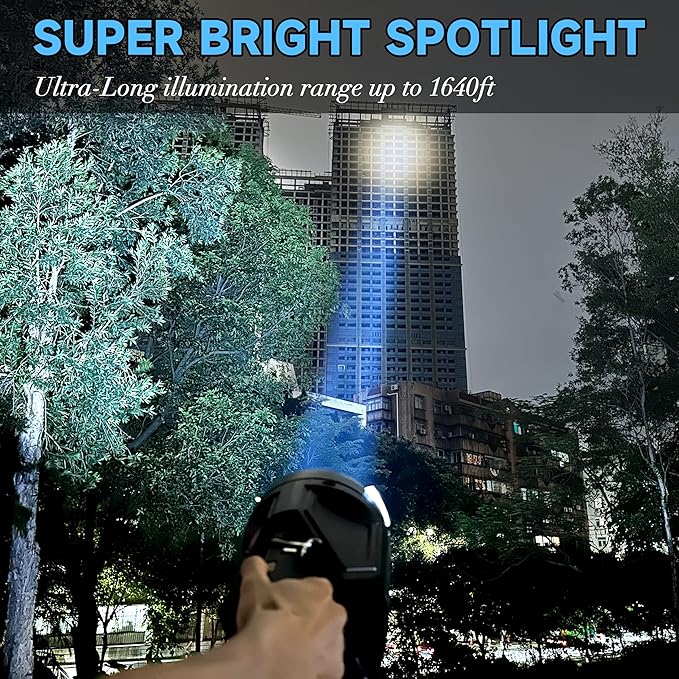 Solar Handheld Flashlight Rechargeable Multi Function High Bright 17000 Lumen 6 Modes LED Flashlight Emergency Strobe Light and 5400 MAH Battery Fishing Camping Emergency Light and USB Charging Cable
