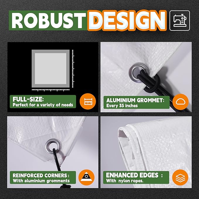 RAINDEWAY Tarps 14x14 Feet Tarp Waterproof,7Mil Thick,Finished Size,UV Resistant,Multipurpose Poly Tarp Cover with Metal Grommets and Reinforced Edges,White Tarps