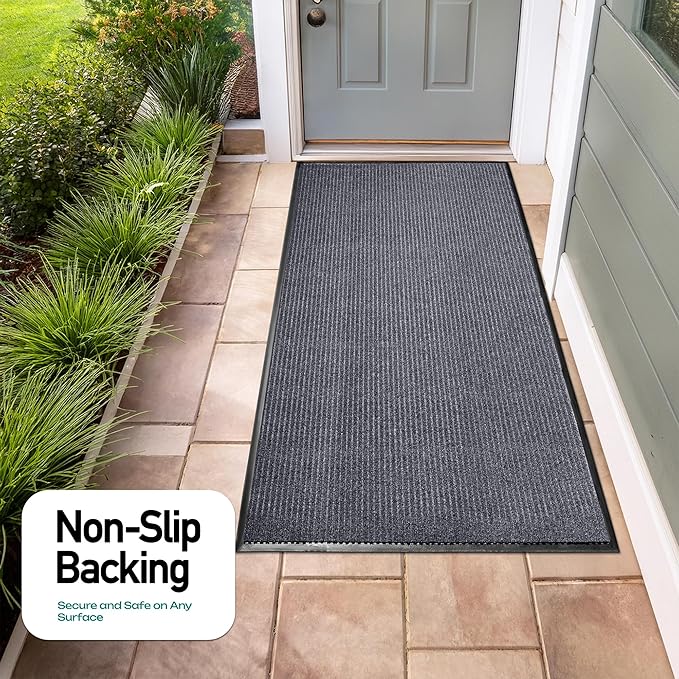 MaxMat® Large Rubber Doormat - Heavy Duty, Commercial Grade, Waterproof, Low-Profile, Easy to Clean Floormat (4 x 6 Feet, Grey, MXM-RIB0046GY)