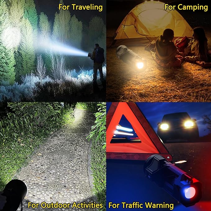 Solar Handheld Flashlight Rechargeable Multi Function High Bright 17000 Lumen 6 Modes LED Flashlight Emergency Strobe Light and 5400 MAH Battery Fishing Camping Emergency Light and USB Charging Cable