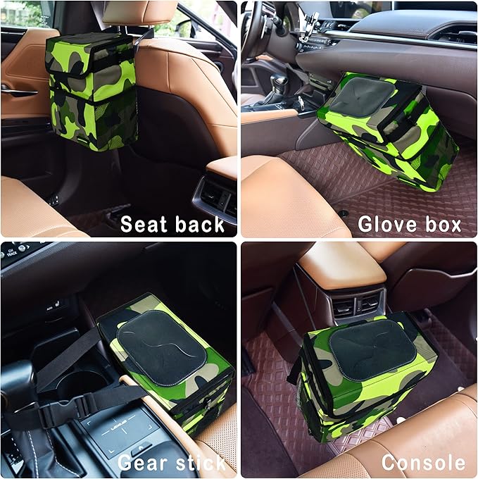 Cute Car Trash Can with Lid – Multipurpose Collapsible Trash Bin for Car, Leak-Proof Organizer, Waterproof Garbage Can with Storage Pockets & Adjustable Straps, 2 Gallons (Camo Green)
