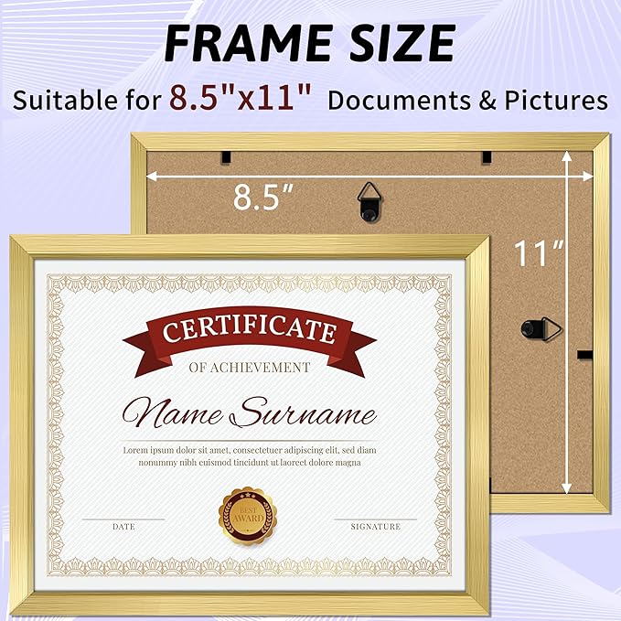 NEXCOVER Diploma Frame Gold 10 Pack, 8.5 x 11 Certificate Frame with HD Plexiglass, 8.5 by 11 Picture Frames for Documents, Photos, Posters, Artworks, Horizontal and Vertical Wall Display