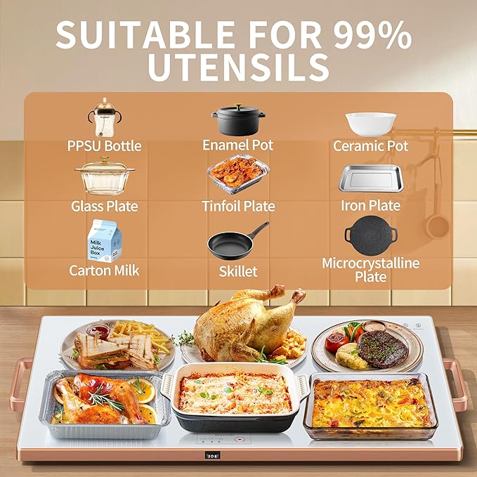 Electric Warming Tray (XXL 32”x18”),Food Warmers for Parties Buffet with Thermostat&Full Surface Heating,Tempered Glass Warming Mat for Food, Temperature Adjustable Gold Handles Food Warming Mat,White