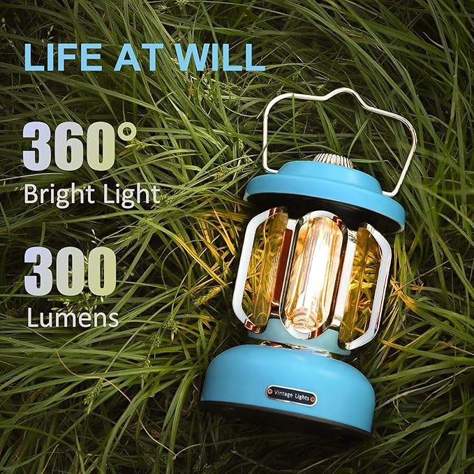 Rechargeable LED Camping Lanterns, Vintage Camping Lights Battery Operated, Portable Retro Metal Glamping Lights for Hiking, Hurricane, Decoration, Power outages, Blue, 2 Pack
