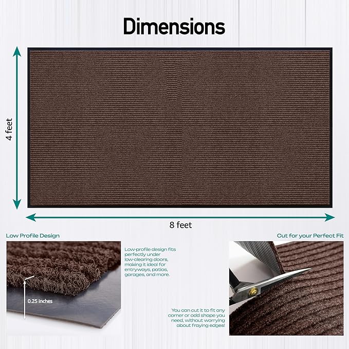 MaxMat® Heavy Duty Rubber Door Mat - Large Commercial, Waterproof, Low-Profile, Easy to Clean Floor Mat (4 x 8 Feet, Brown, MXM-RIB0048BR)