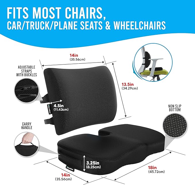 Memory Foam Seat Cushion & Lumbar Support Pillow Set w/Mesh & Velvet Covers - for Office Chair, Car, Plane, Travel - Back Rest Coccyx Pillow for Lower Back, Sciatica, Posture
