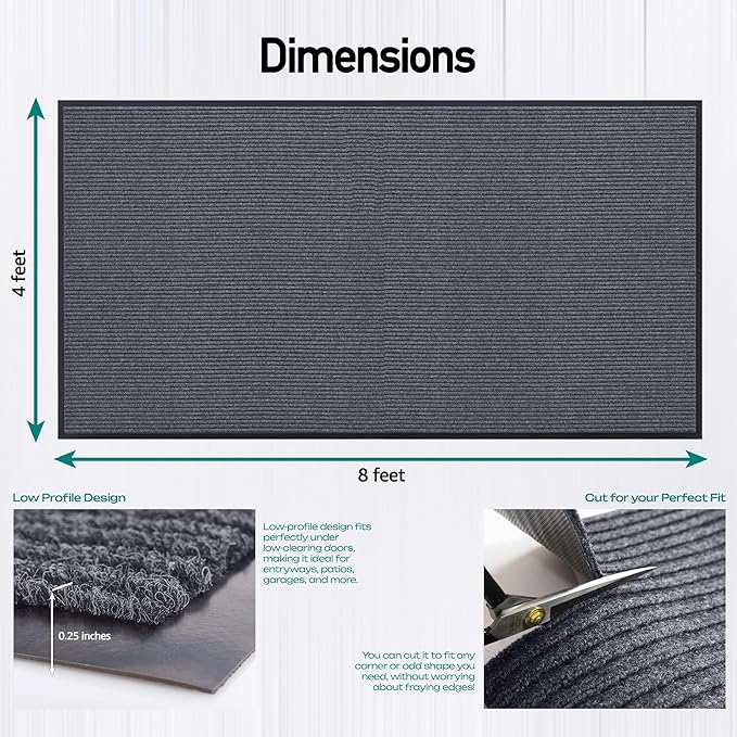 MaxMat® 4x8 Rug, Extra Large Entryway Mat - Heavy Duty Doormat, Waterproof, Low-Profile, Easy to Clean, Rubber Floor Mat (4 x 8 Feet, Grey, MXM-RIB0048GY)