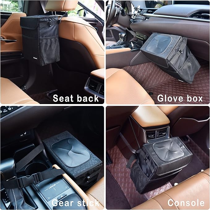 Cute Car Trash Can with Lid – Multipurpose Collapsible Trash Bin for Car, Leak-Proof Organizer, Waterproof Garbage Can with Storage Pockets & Adjustable Straps, 2 Gallons (Black Leopard)