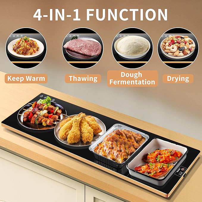 Electric Warming Tray (Extra Long 47”x12”),Food Warmers for Parties Buffet with Thermostat&Full Surface Heating, Tempered Glass Warming Mat for Food, Temperature Adjustable Gold Edges Food Warming Mat