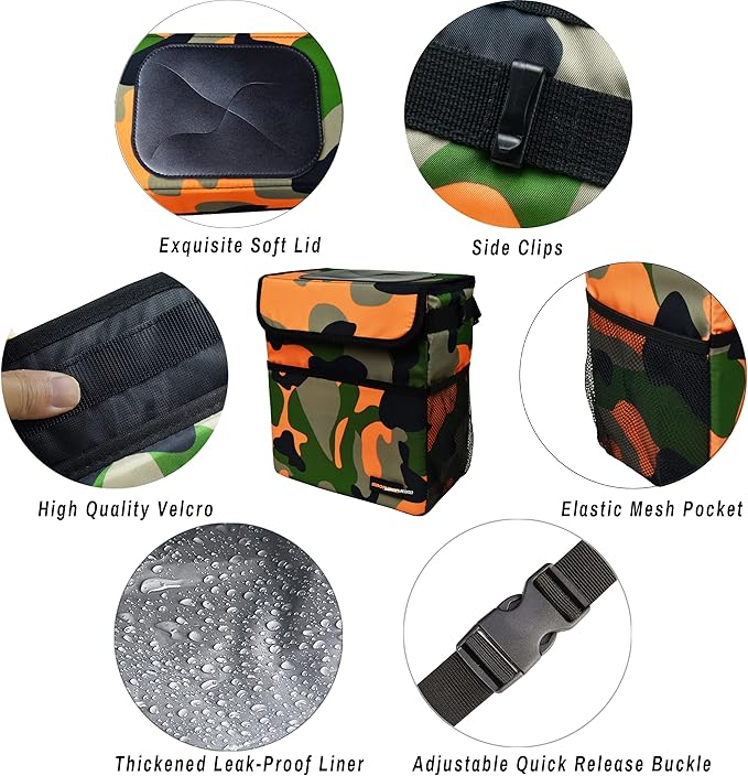 Cute Car Trash Can with Lid – Multipurpose Collapsible Trash Bin for Car, Leak-Proof Organizer, Waterproof Garbage Can with Storage Pockets & Adjustable Straps, 2 Gallons (Camo Orange)