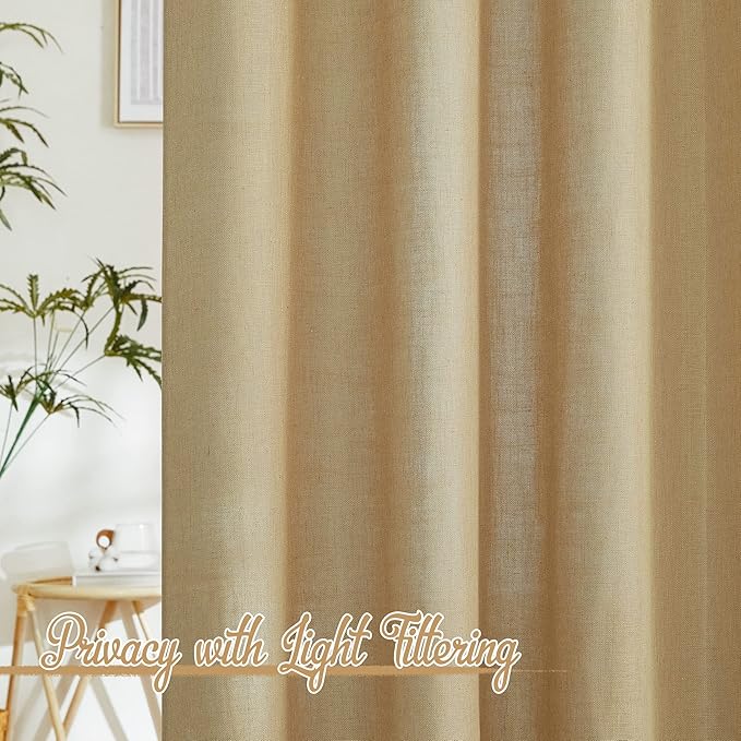 NICETOWN Linen Brown Curtains & Drapes Privacy with Light Filtering, Grommet Flax Linen Burlap Window Treatments Vertical Drapes for Bedroom/Living Room, W52 x L84, 2 Panels