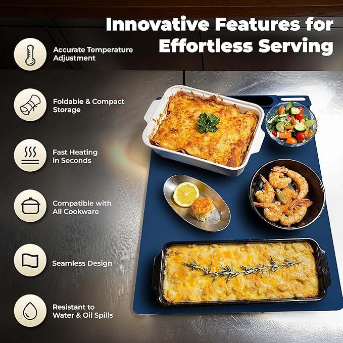 OMEO Food Warming Mat - Electric Warming Tray with 3 Temperature Settings and 1-4 Hours Timer, Full Surface Graphene Food Warmer, Premium Rollable Silicone Heating Mat Food, Gatherings, Parties(Blue)