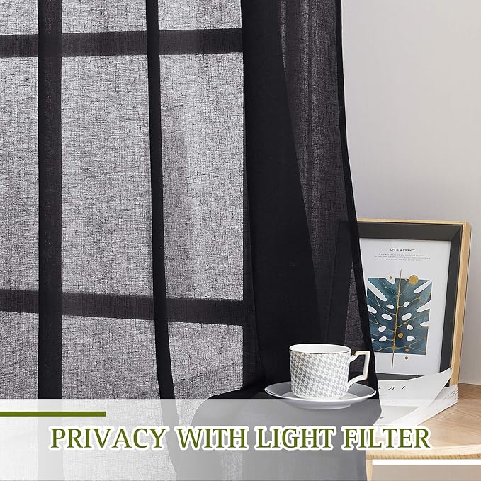 NICETOWN Black Curtains Linen Sheer Textured, Grommet Semi Sheer Linen Blend Bedroom Curtains Privacy with Light Through Window Treatment for Boys Room/Office, W52 x L90, 2 Pieces