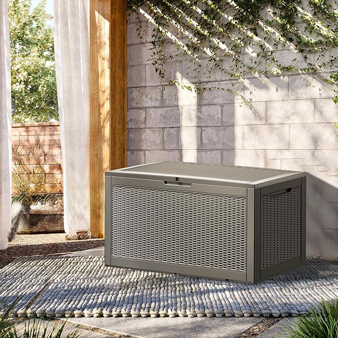 100 Gallon Lockable Resin Deck Box, Waterproof Outdoor Storage Box for Patio Furniture, Garden Tools, Pool Accessories, UV-Resistant Outside Delivery Grey