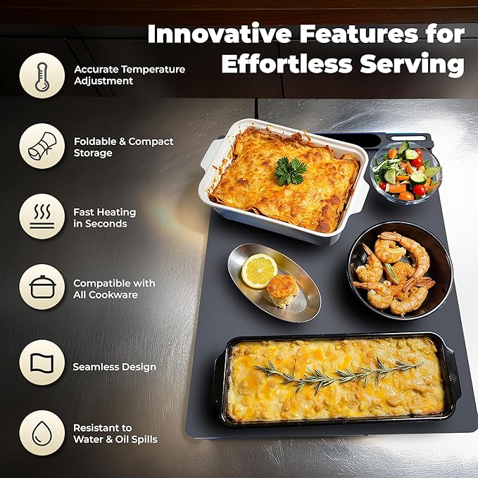 OMEO Food Warming Mat - Electric Warming Tray with 3 Temperature Settings and 1-4 Hours Timer, Full Surface Graphene Food Warmer, Premium Rollable Silicone Heating Mat Food, Gatherings, Parties(Grey)