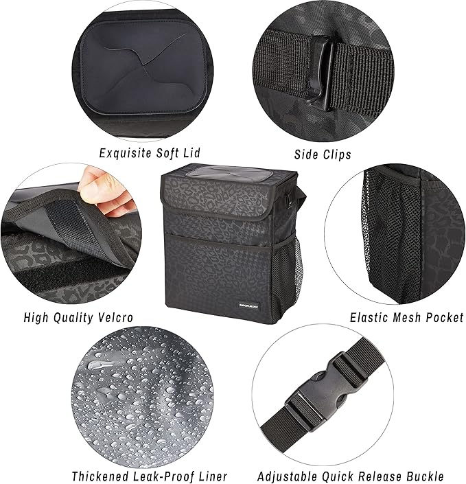 Cute Car Trash Can with Lid – Multipurpose Collapsible Trash Bin for Car, Leak-Proof Organizer, Waterproof Garbage Can with Storage Pockets & Adjustable Straps, 2 Gallons (Black Leopard)
