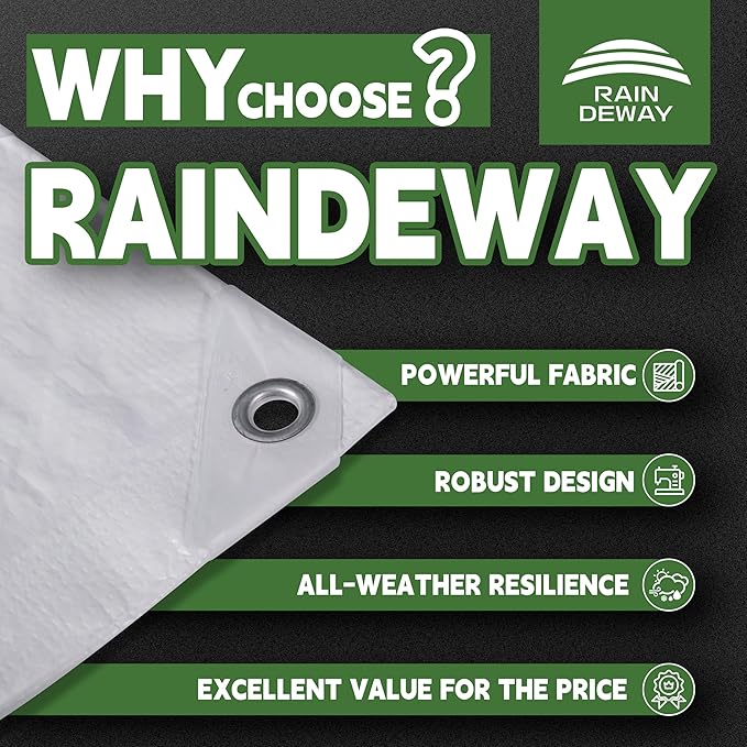 RAINDEWAY Tarps 14x14 Feet Tarp Waterproof,7Mil Thick,Finished Size,UV Resistant,Multipurpose Poly Tarp Cover with Metal Grommets and Reinforced Edges,White Tarps