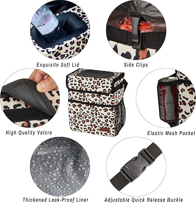 Cute Car Trash Can with Lid – Multipurpose Collapsible Trash Bin for Car, Leak-Proof Organizer, Waterproof Garbage Can with Storage Pockets & Adjustable Straps, 2 Gallons (Leopard Print)