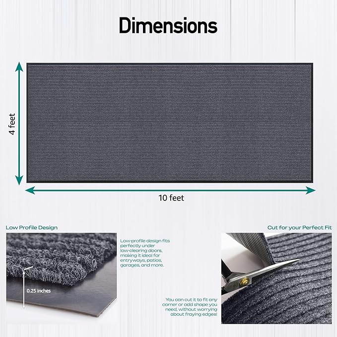MaxMat® Commercial Entryway Mat - Large Rubber Heavy Duty Doormat, Indoor/Outdoor, Easy Clean, Waterproof Floor Mat (4 x 10 Feet, Grey, MXM-RIB0410GY)