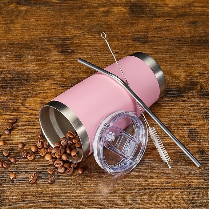 COMOOO 20oz Tumbler Bulk Double Wall Vacuum Insulated Travel Mug, Stainless Steel Tumbler with Lid and Straw Durable Powder Coated Insulated Coffee Cup for Cold & Hot Drinks (pink, 2 pack