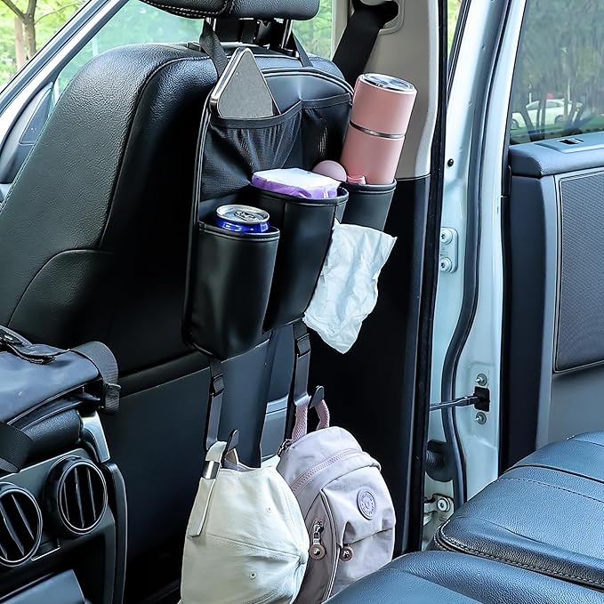Amooca Car Backseat Organizer PU Leather Storage Bags Travel Accessories Large Pockets for Water Bottle Drink Tissue with Hooks