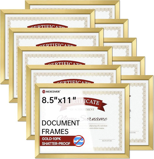 NEXCOVER Diploma Frame Gold 10 Pack, 8.5 x 11 Certificate Frame with HD Plexiglass, 8.5 by 11 Picture Frames for Documents, Photos, Posters, Artworks, Horizontal and Vertical Wall Display