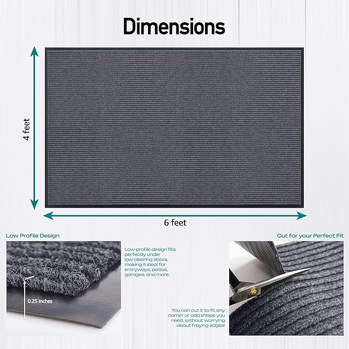 MaxMat® Large Rubber Doormat - Heavy Duty, Commercial Grade, Waterproof, Low-Profile, Easy to Clean Floormat (4 x 6 Feet, Grey, MXM-RIB0046GY)