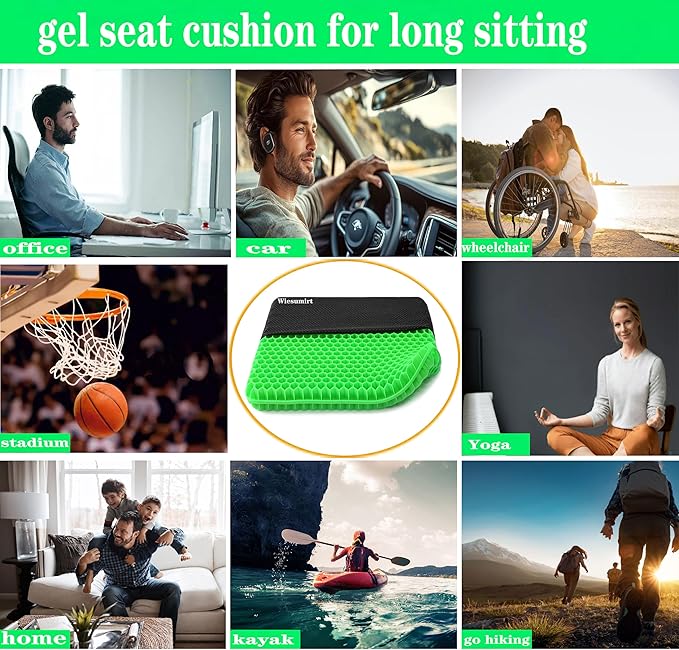 Plus Size Gel Seat Cushion, Extra Large and Thick, Seat Cushion for Pressure Relief for Back, Hip, Sciatica, Tailbone Pain, Used for Office, Wheelchair, Car, Truck, Recliner, Stadium.(Grass Green)