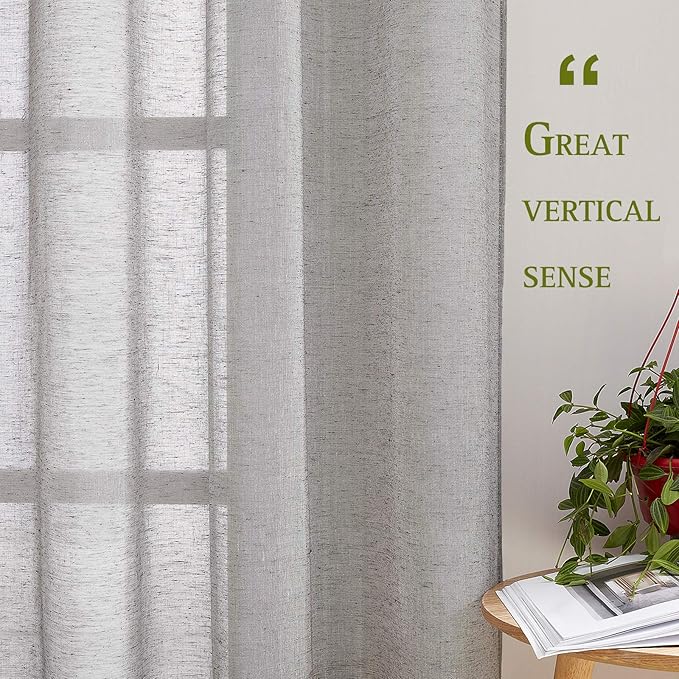 NICETOWN Charcoal Grey Linen Curtains for Bedroom 48 inch Long, Grommet Flax Semi Sheer Short Window Treatments Privacy with Light Filtering Drapes for Kids Room, 2 Panels, W36 x L48