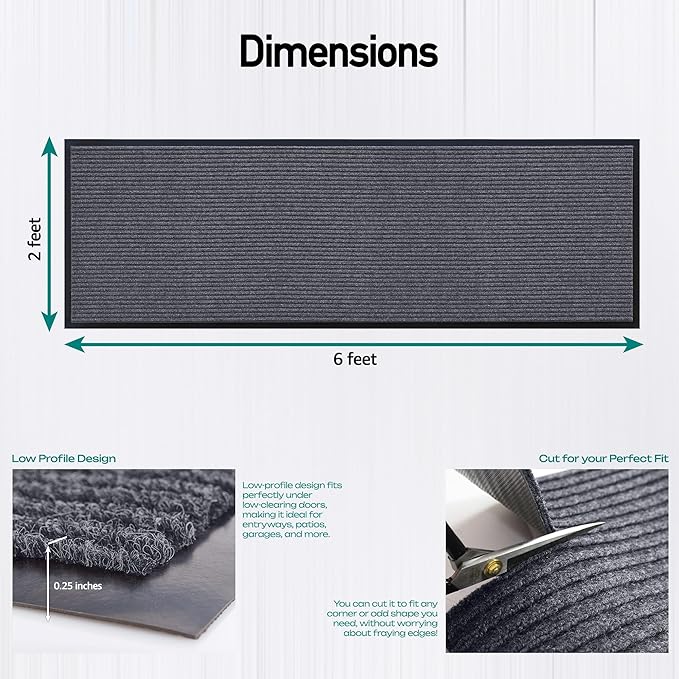 MaxMat® Heavy Duty Floor Mat - Large Commercial, Indoor/Outdoor, Waterproof, Low-Profile, Easy to Clean Doormat (2 x 6 Feet, Grey, MXM-RIB0026GY)