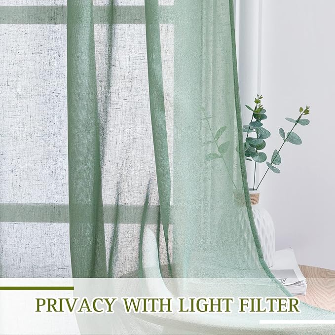 NICETOWN Linen Curtains Flax Sheer Texture for Living Room, Grommet Semi Sheer Vertical Drapes Privacy with Light Filtering for Bedroom/Patio Door, W70 x L96, Olive Green, 1 Pair